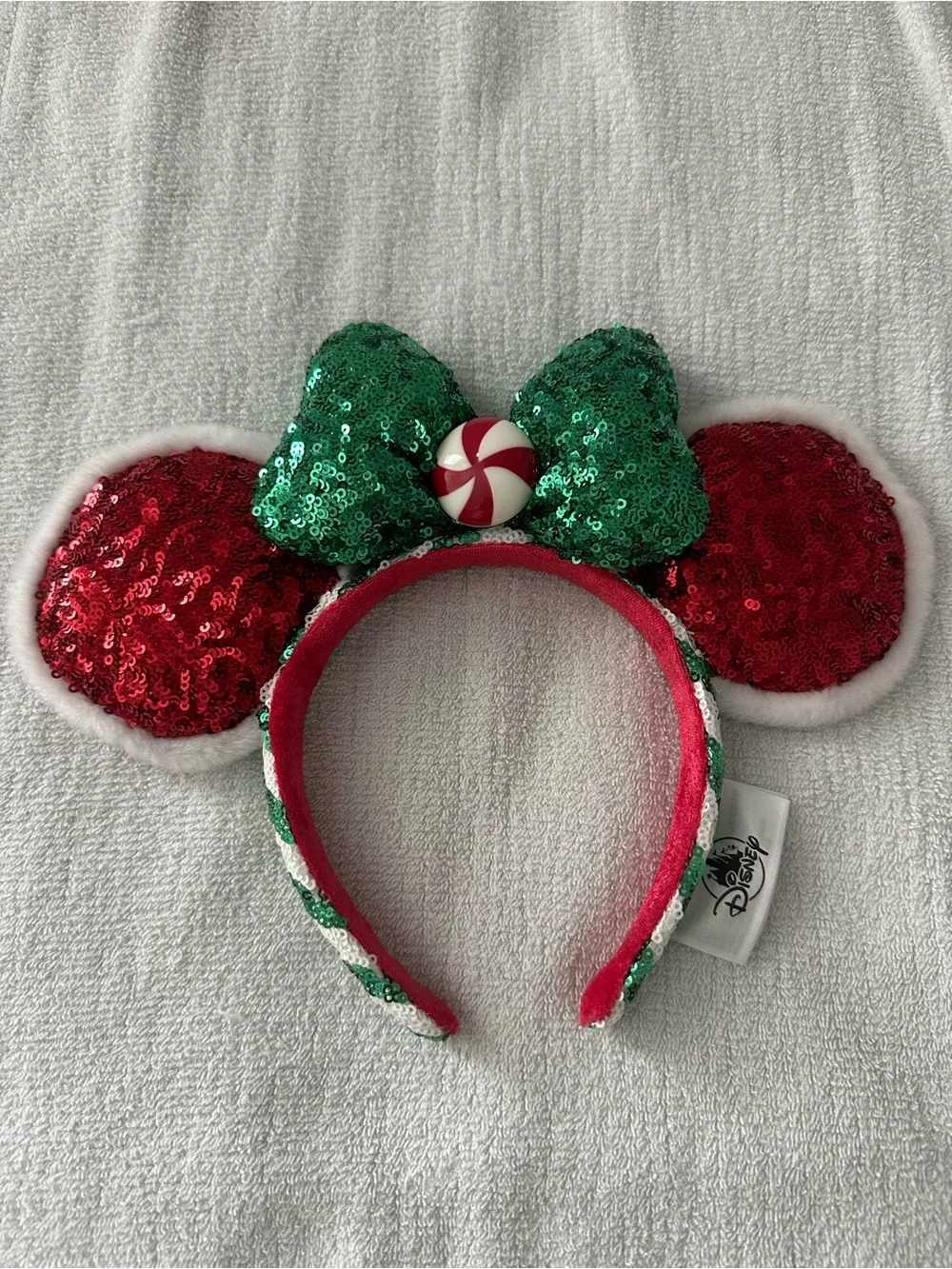 Disney Red Sequin Mouse Ears Headband with Green Bow
